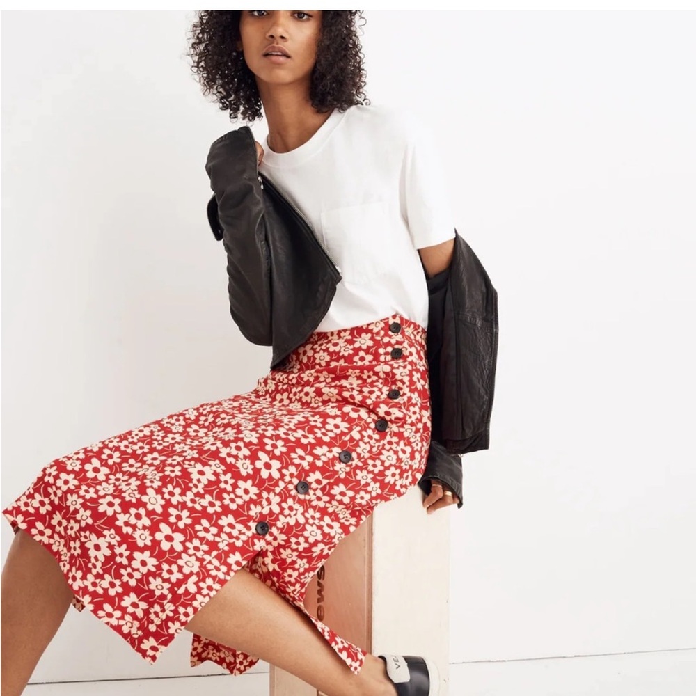 Madewell Red and White A-Line Midi Skirt with Slit
